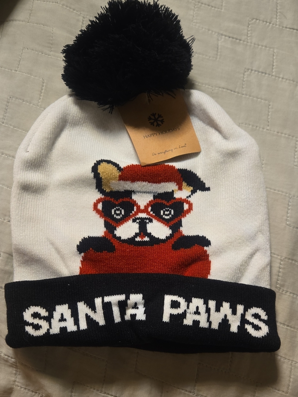 Do everything in love Black Pom Holiday Beanie with White Cuff